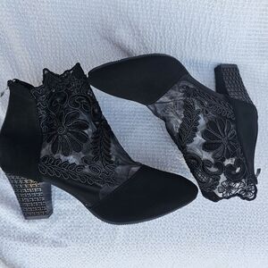 Generic black lace booties, block heel with crystal detail, size 42
